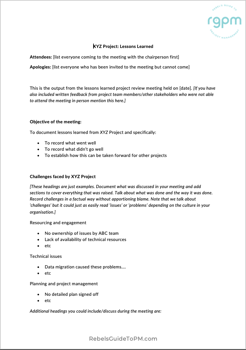 Lessons Learned Meeting Minutes Template