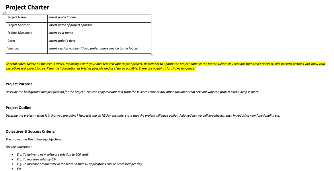 Project charter template sample