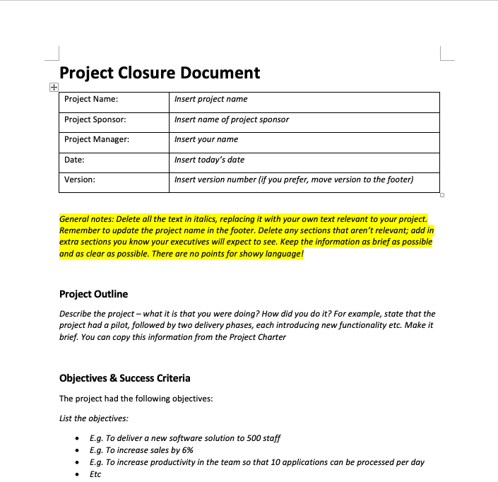 Project Closure Template – Rebels Guide To Project Management