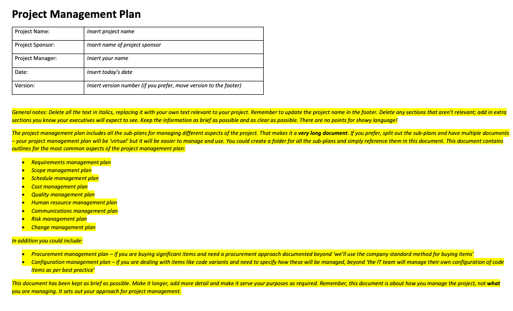 Example Plan For Project Management Project Management Plan – Rebels Guide To Project Management