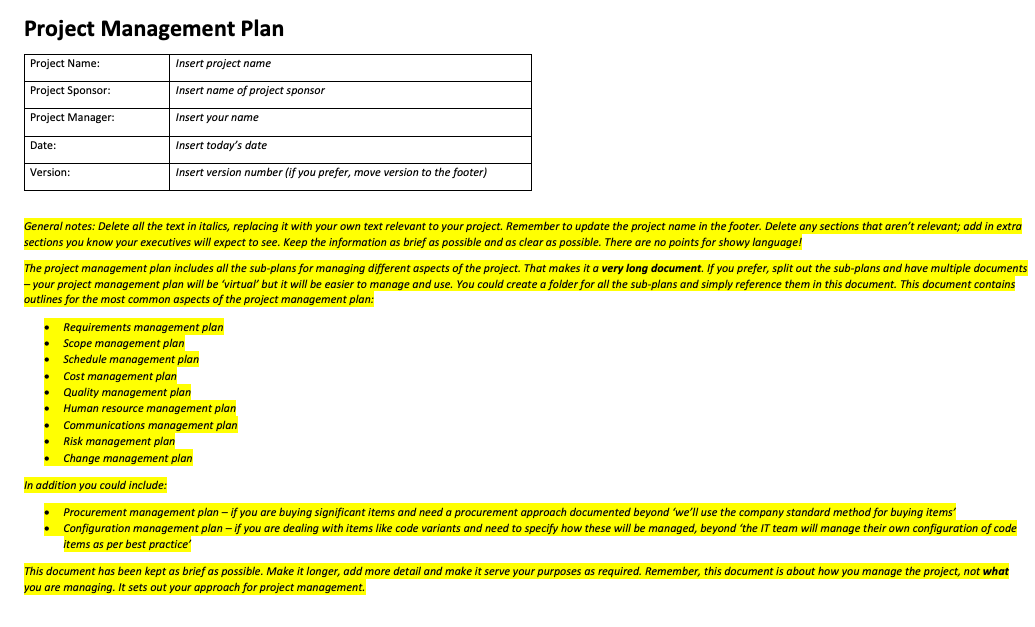 project plan template sample